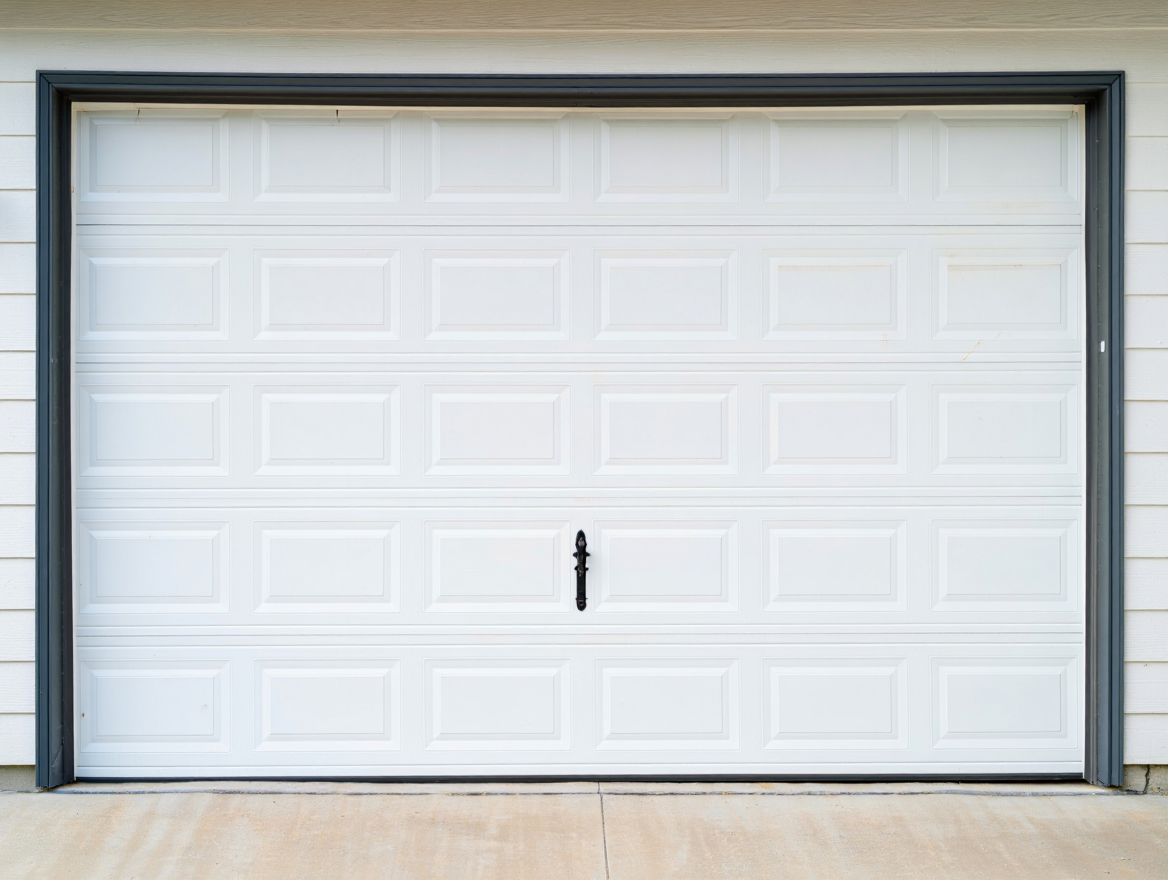 Porte de garage sectionnelle isolée avec poignées et charnières décoratives.